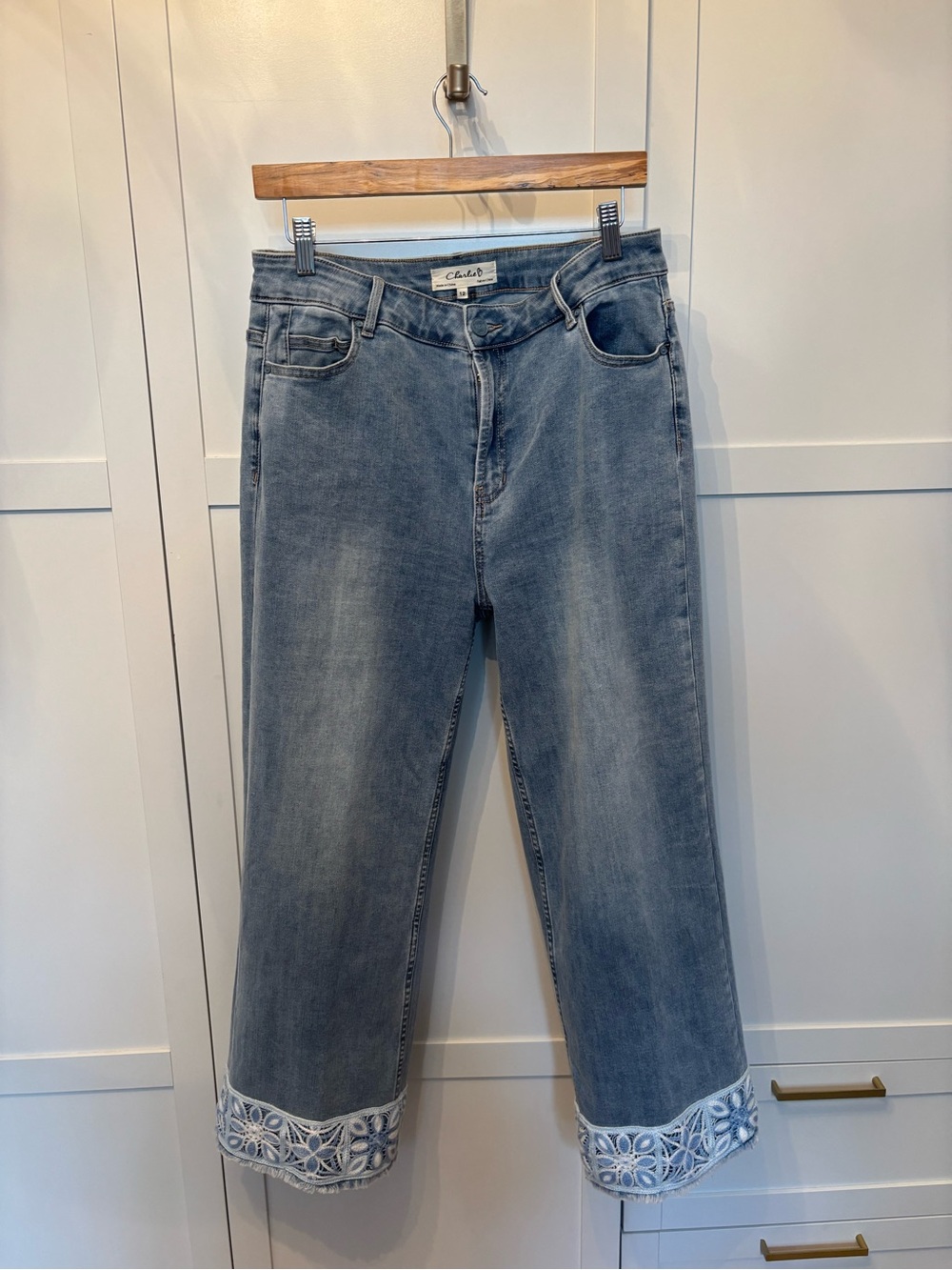 CHARLIE B Light Blue Cropped Jeans with Embroidered Hem
